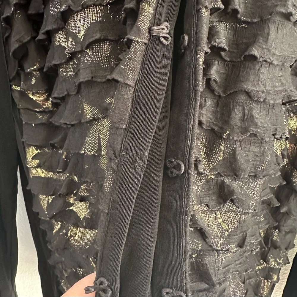 Black Gold Ruffle Chico's Travelers Special Occasion Cardigan - Chico's Size 3
